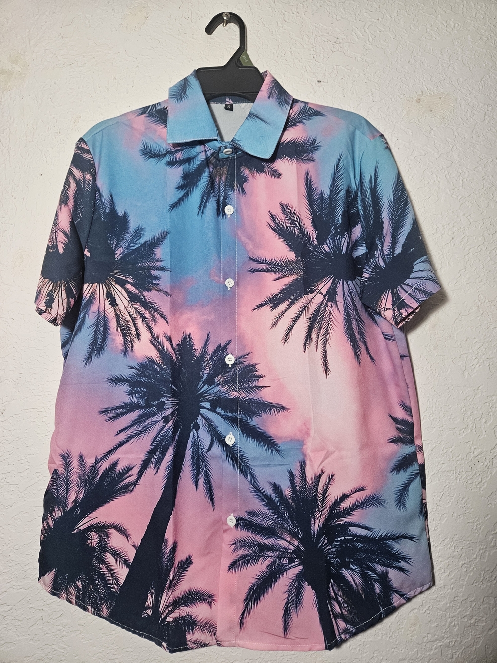 Tropical Palm Print Short-Sleeve Button-Down Shirt - Pink & Blue